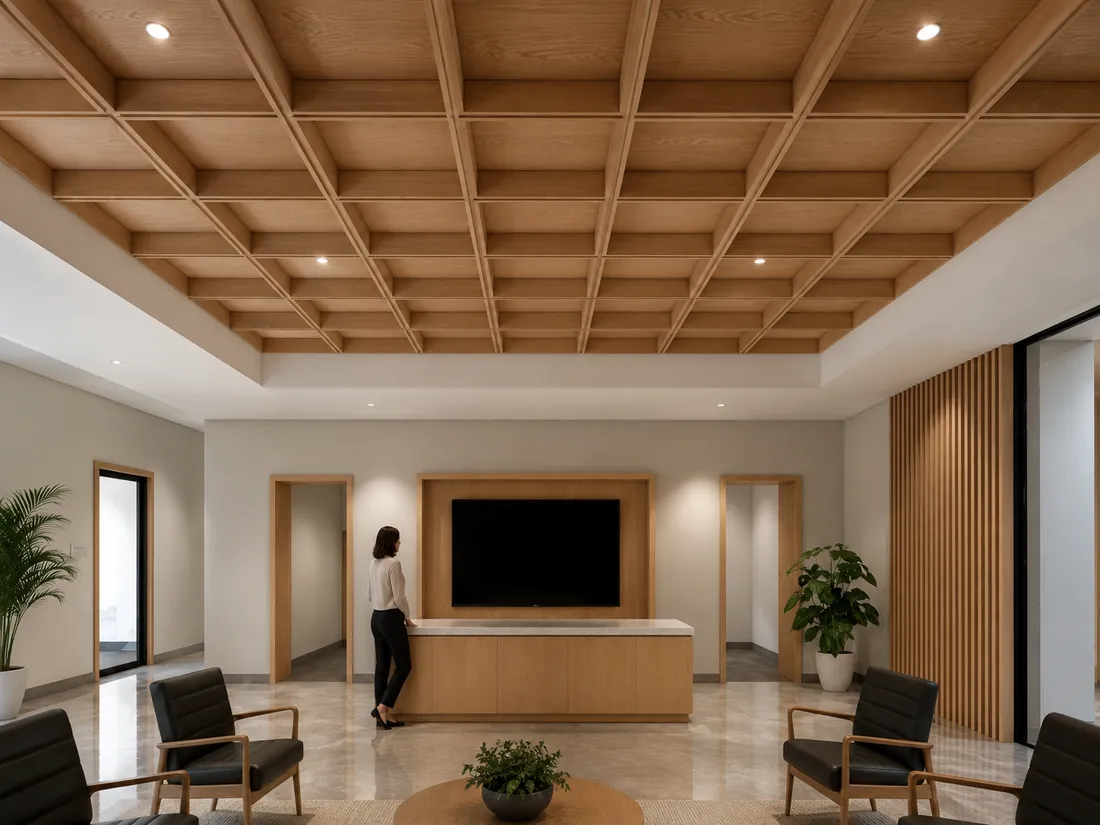 Coffered Tile installation - a wood coffered ceiling on a 2 by 2 foot grid, with a person for scale