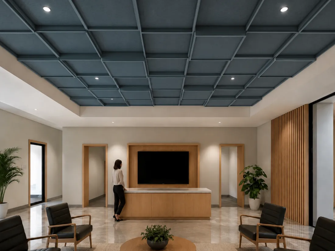 Coffered Tile installation - a blue felt-lined coffered ceiling on a 2 by 2 foot grid, with a person for scale