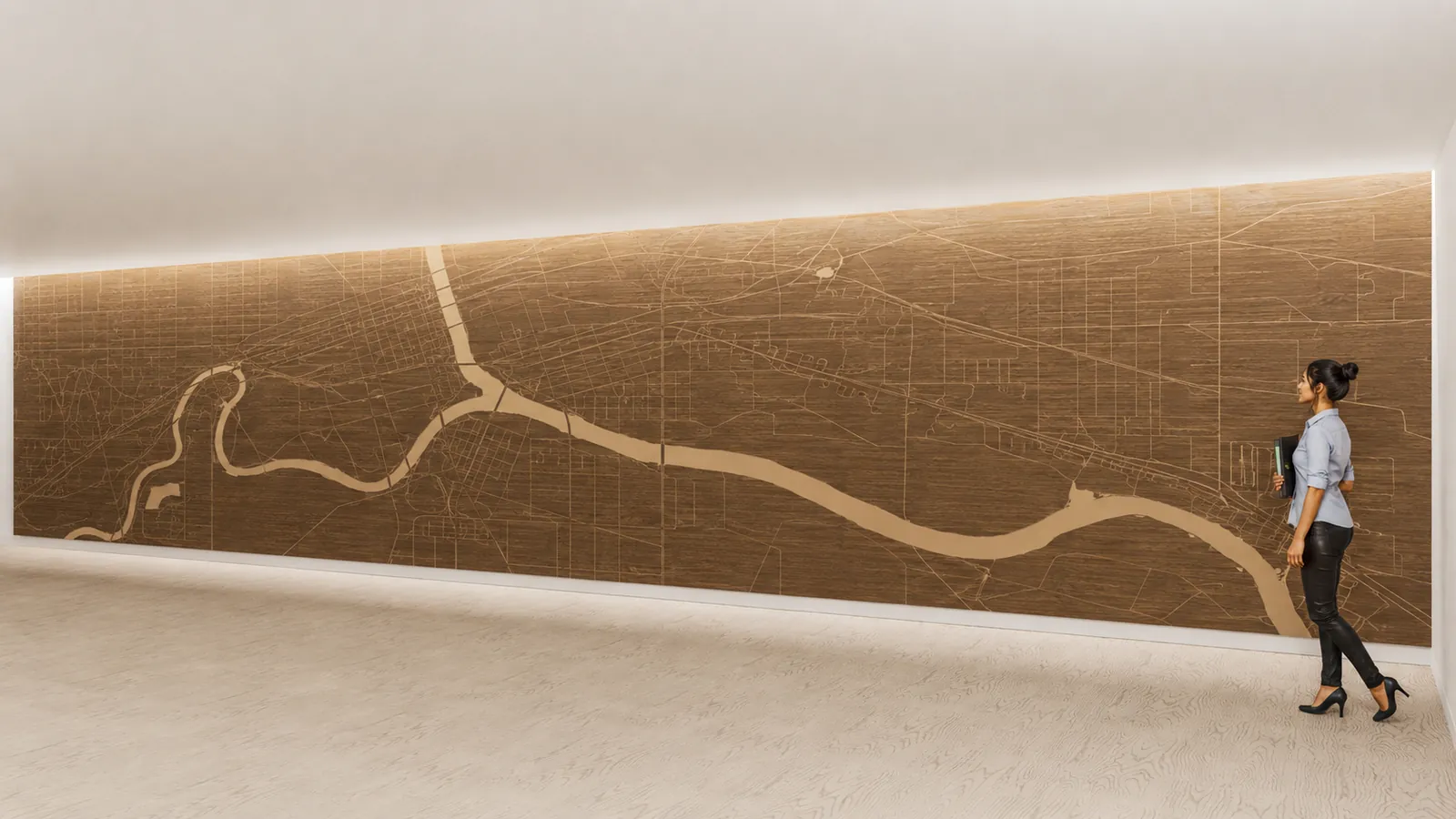 Etch Street Map installation — a wood-engraved street-map wall with a person for scale