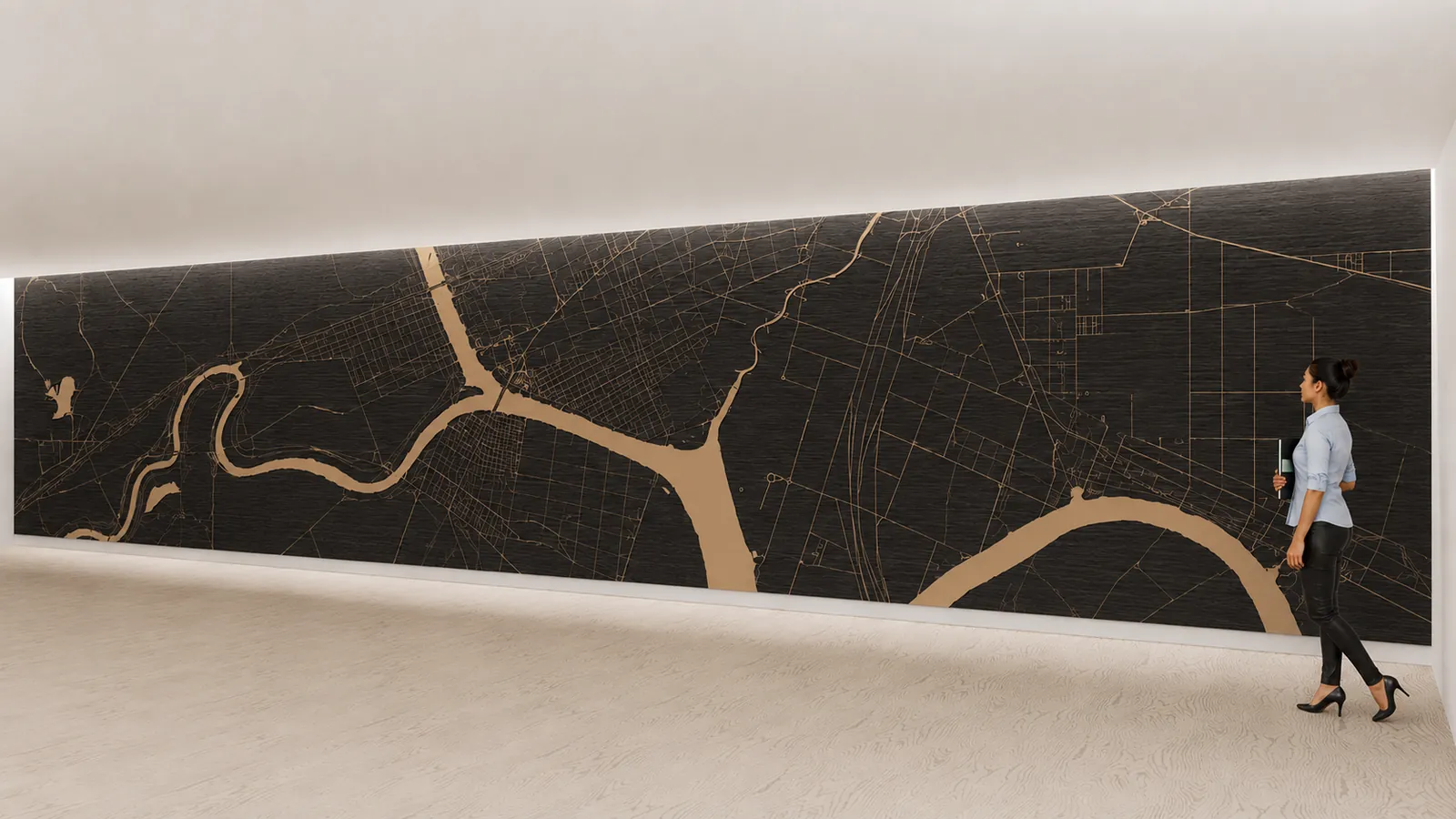 Etch Street Map installation — a black engraved street-map wall with a person for scale