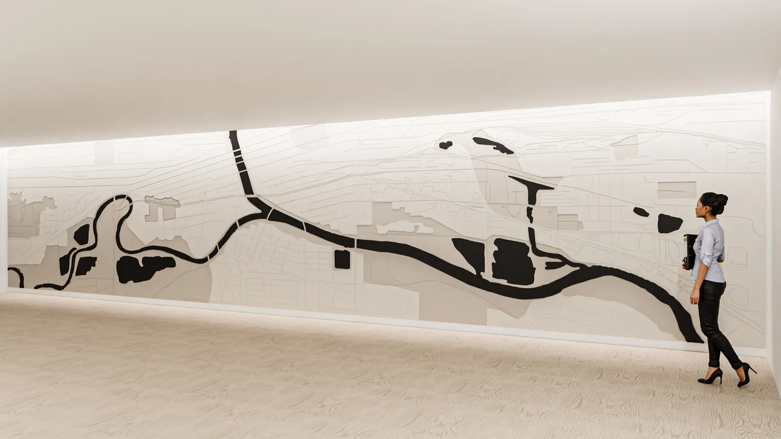 Etch Street Map installation — a white etched street-map wall with a person for scale