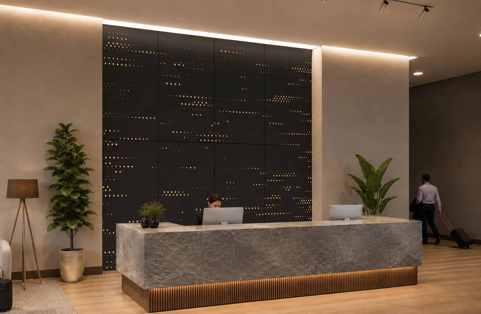 Perforate + backlit perforated metal installation in a hotel lobby