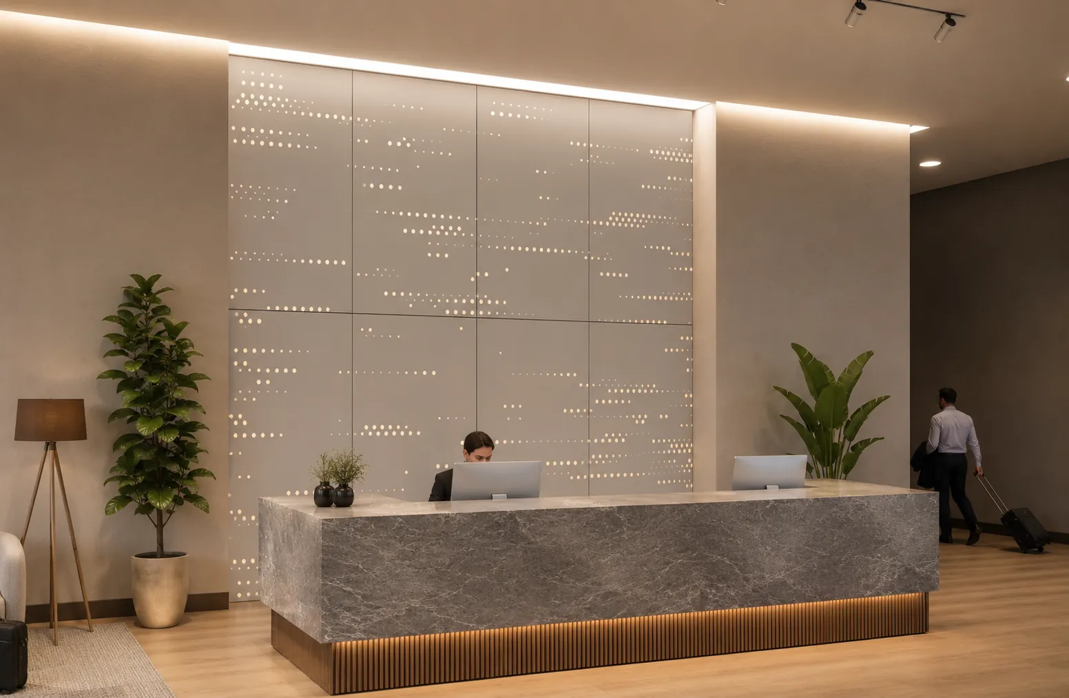 Perforated Metal installation — a dot-perforated feature wall behind a lobby reception desk