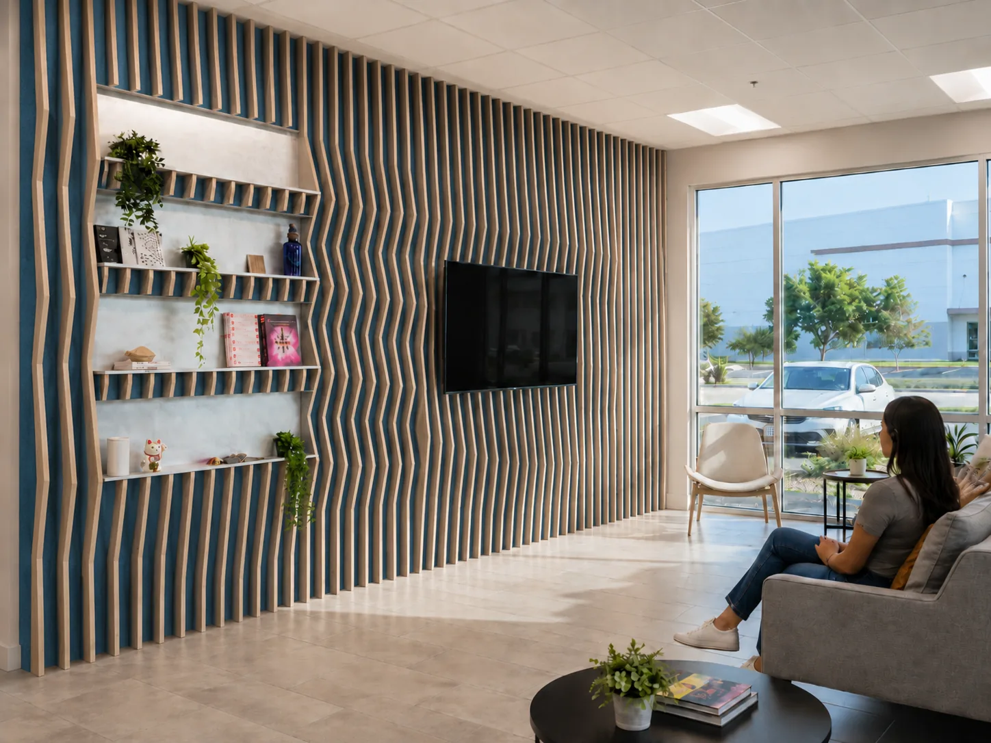 Blue felt-backed contoured wood slat wall in a lounge