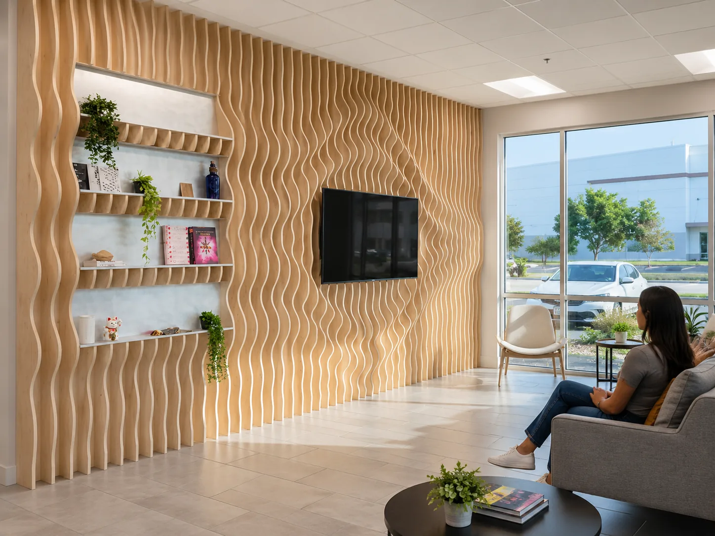Natural contoured wood slat wall in a lounge
