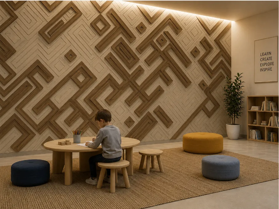 Truchet installation — a maze-pattern wood feature wall in a children's reading nook