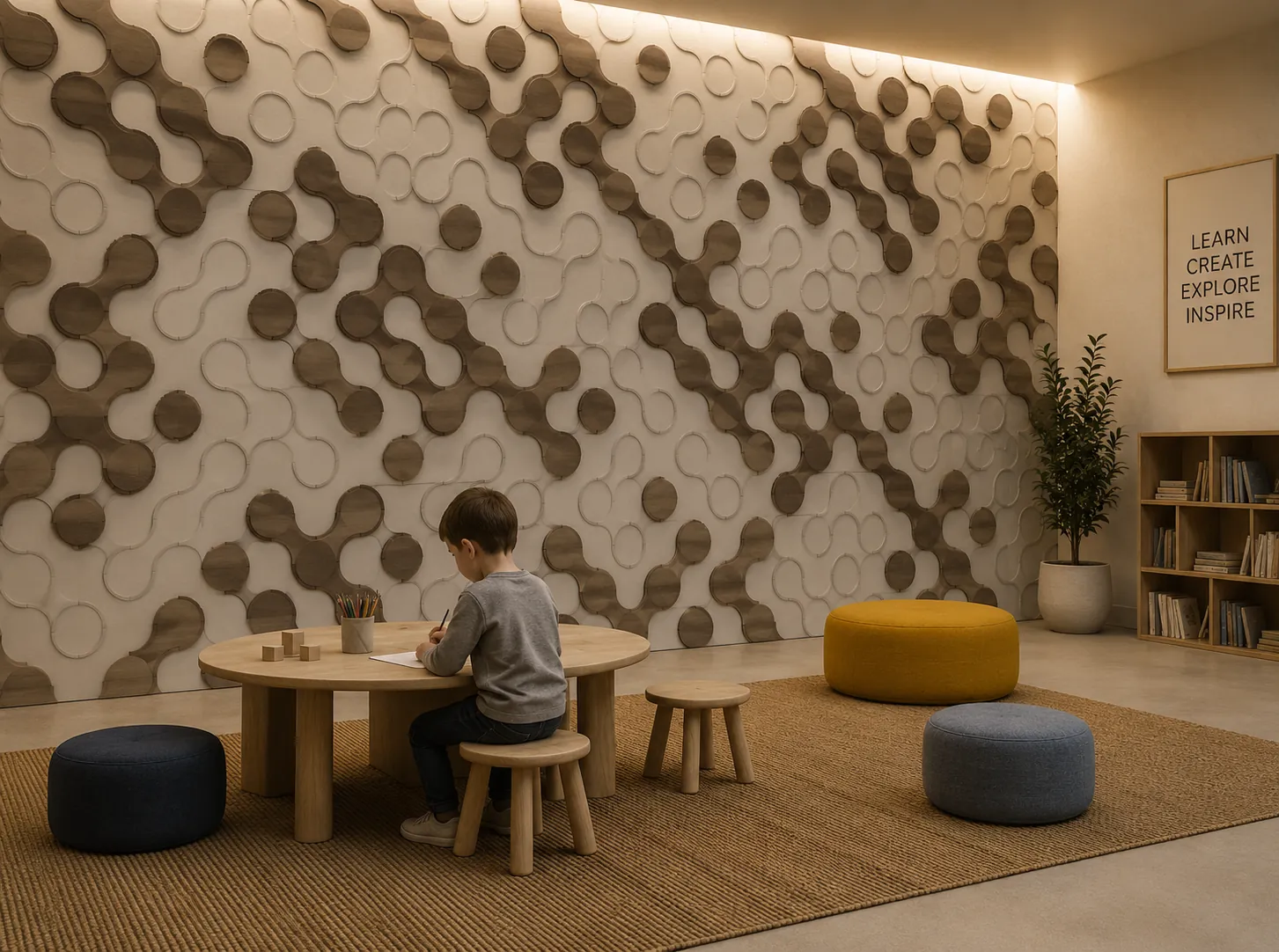 Truchet installation — a curved-tile wood feature wall in a children's reading nook