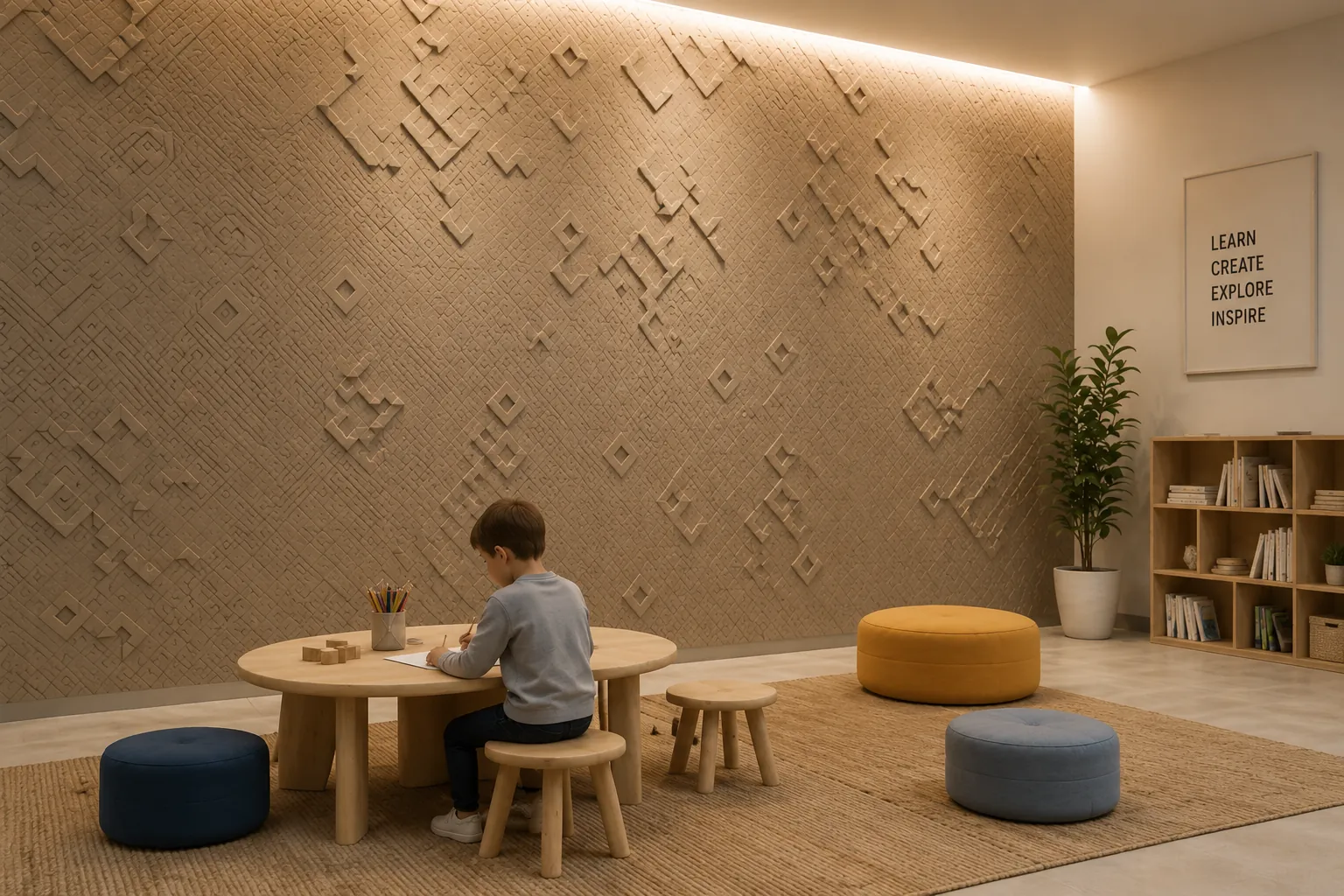 Truchet installation — a patterned wood feature wall with a child for scale