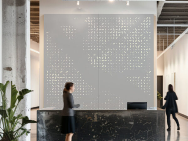 Rendering of office lobby with Andalusia Design's Metal Perforate wall system