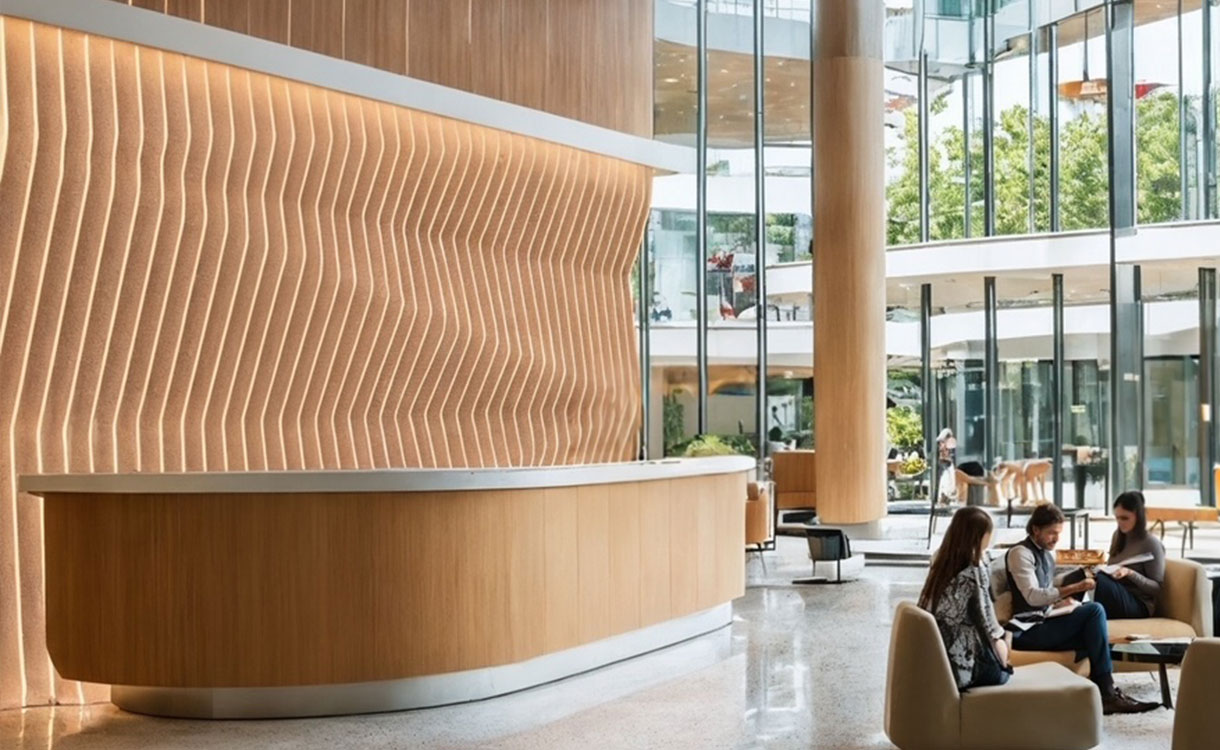 Architectural slat wall in lobby, by Andalusia Design in Austin, TX