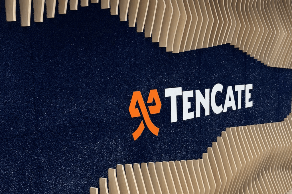 Corporate feature Contour Slat wall, using the company's turf