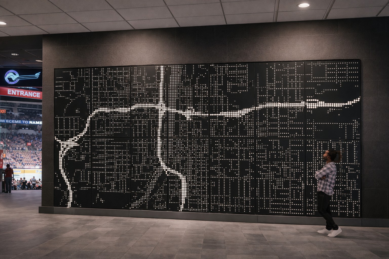 Perforate Street Grid wall with backlighting for arena project.